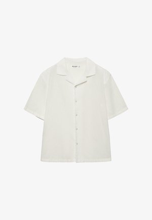 Lyhythihainen valkoinen nappipaita, jossa on levitetty kaulus, esitetty yksinkertaisen valkoisen taustan edessä.