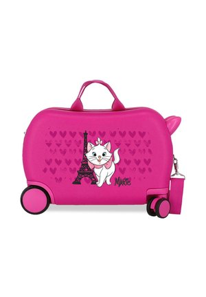 Maleta infantil de color rosa brillante con cuatro ruedas, que presenta un gato de dibujos animados blanco, la Torre Eiffel, corazones y el texto "Marie".
