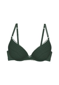 Ciemnozielony stanik z teksturowanym koronkowym wzorem, regulowanymi ramiączkami i centralnym metalowym zapięciem. Posiada falbaniaste krawędzie wzdłuż miseczki.