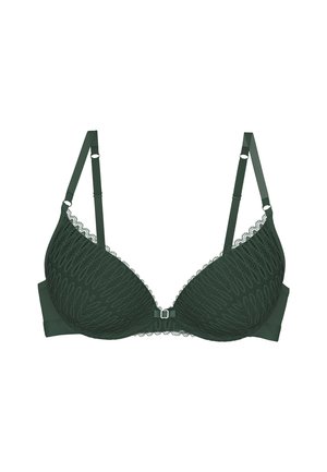 Ciemnozielony stanik z teksturowanym koronkowym wzorem, regulowanymi ramiączkami i centralnym metalowym zapięciem. Posiada falbaniaste krawędzie wzdłuż miseczki.