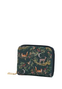 Green fabric wallet featuring a nature-themed pattern with foxes, birds, and foliage. It has a gold brand logo and a zip closure.