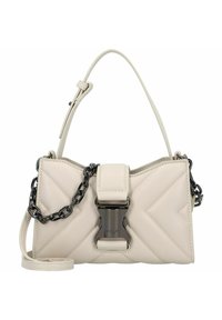 Lichtbeige handtas van gemêleerd faux leder, met een chevronpatroon, zwarte kettingaccenten en een metalen sluiting met logo-detail.