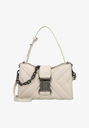 Lichtbeige handtas van gemêleerd faux leder, met een chevronpatroon, zwarte kettingaccenten en een metalen sluiting met logo-detail.