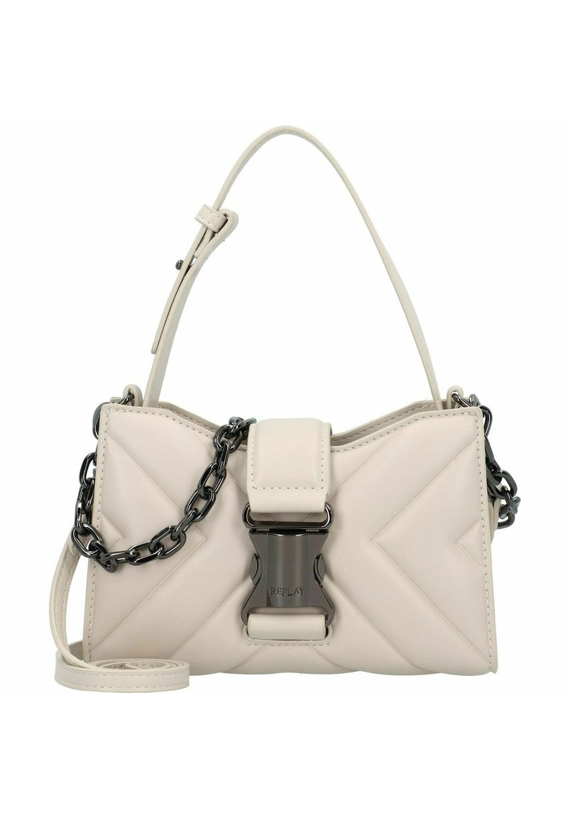 Lichtbeige handtas van gemêleerd faux leder, met een chevronpatroon, zwarte kettingaccenten en een metalen sluiting met logo-detail.