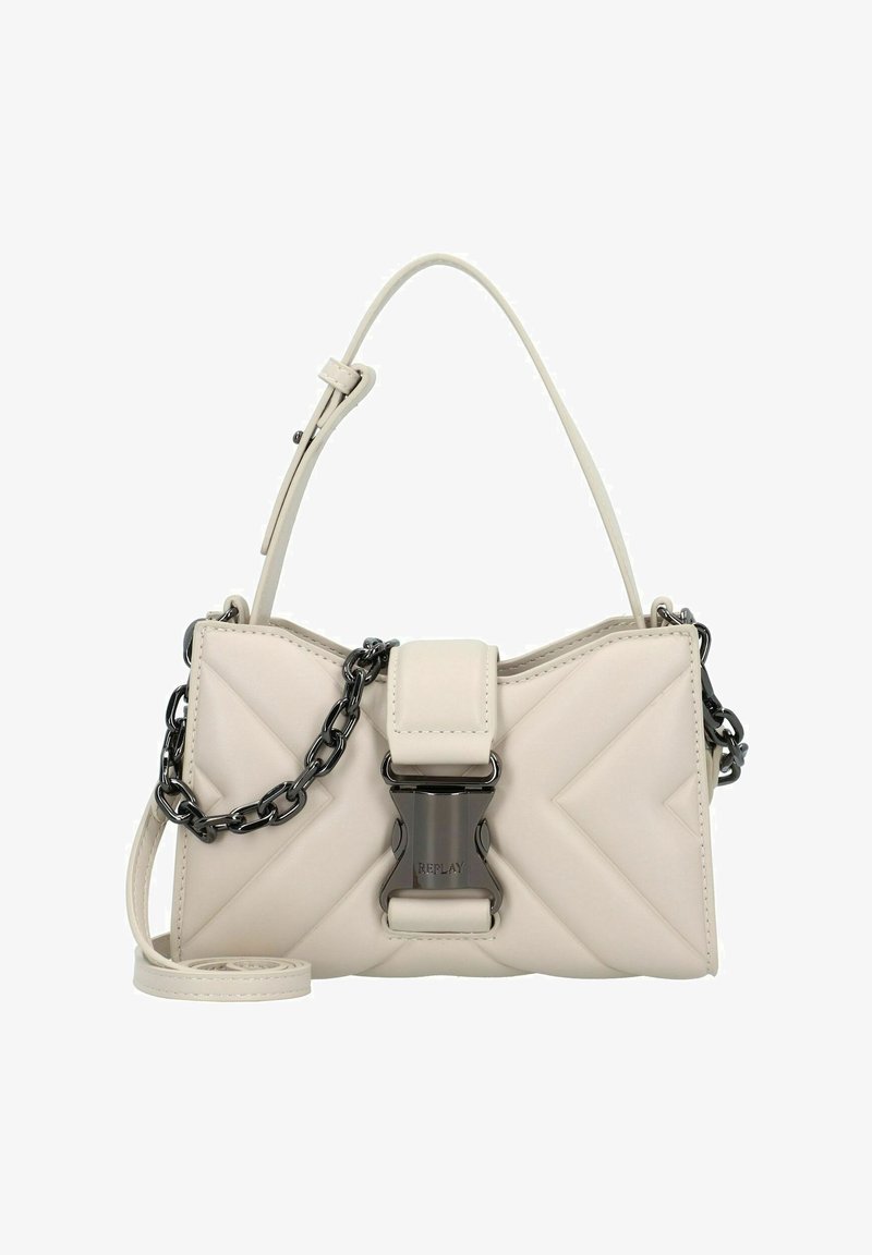 Borsa a mano beige chiaro realizzata in similpelle testurizzata, con un motivo a zigzag, dettagli in catena nera e una chiusura metallica con particolare del logo.