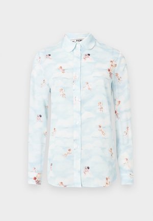 Light blue long-sleeve button-up shirt with a rounded collar, decorated with a pattern of cherubs and clouds.