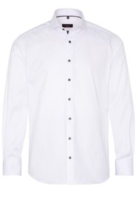 Witte lange mouwen blouse met een button-down kraag, voorzien van zwarte knopen en een gladde textuur. Getailleerde pasvorm met manchetten.