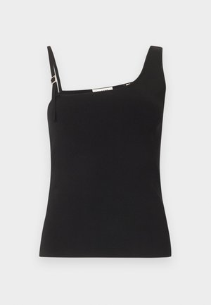 Mustast ribikangast ebakorrapärane tanki-topp, millel on paremalt paks rihm ja vasakult õhuke reguleeritav rihm.