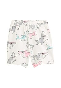 Shorts de bain avec un fond blanc comportant un motif de requins de cartoon colorés en gris, bleu et rose, en tissu léger, avec une taille élastique.