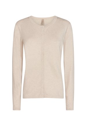 Cardigan beige à manches longues avec boutons, col rond et coupe ajustée, présenté sur fond blanc.