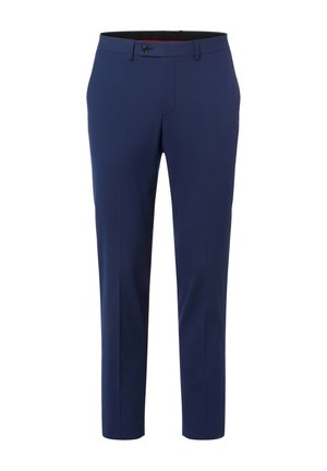 Marineblaue formelle Hose mit Knopfverschluss vorne, Gürtelschlaufen und schmal geschnittenem Design.