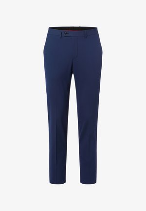 Pantalon formel bleu marine avec fermeture boutonnée à l'avant, passants de ceinture et coupe slim ajustée.