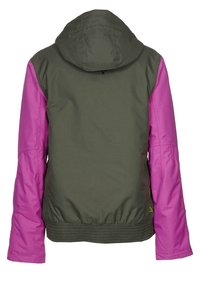 Giacca con cappuccio caratterizzata da un corpo verde oliva e maniche rosa, realizzata in tessuto testurizzato con vita arricciata e dettagli del logo sul lato.