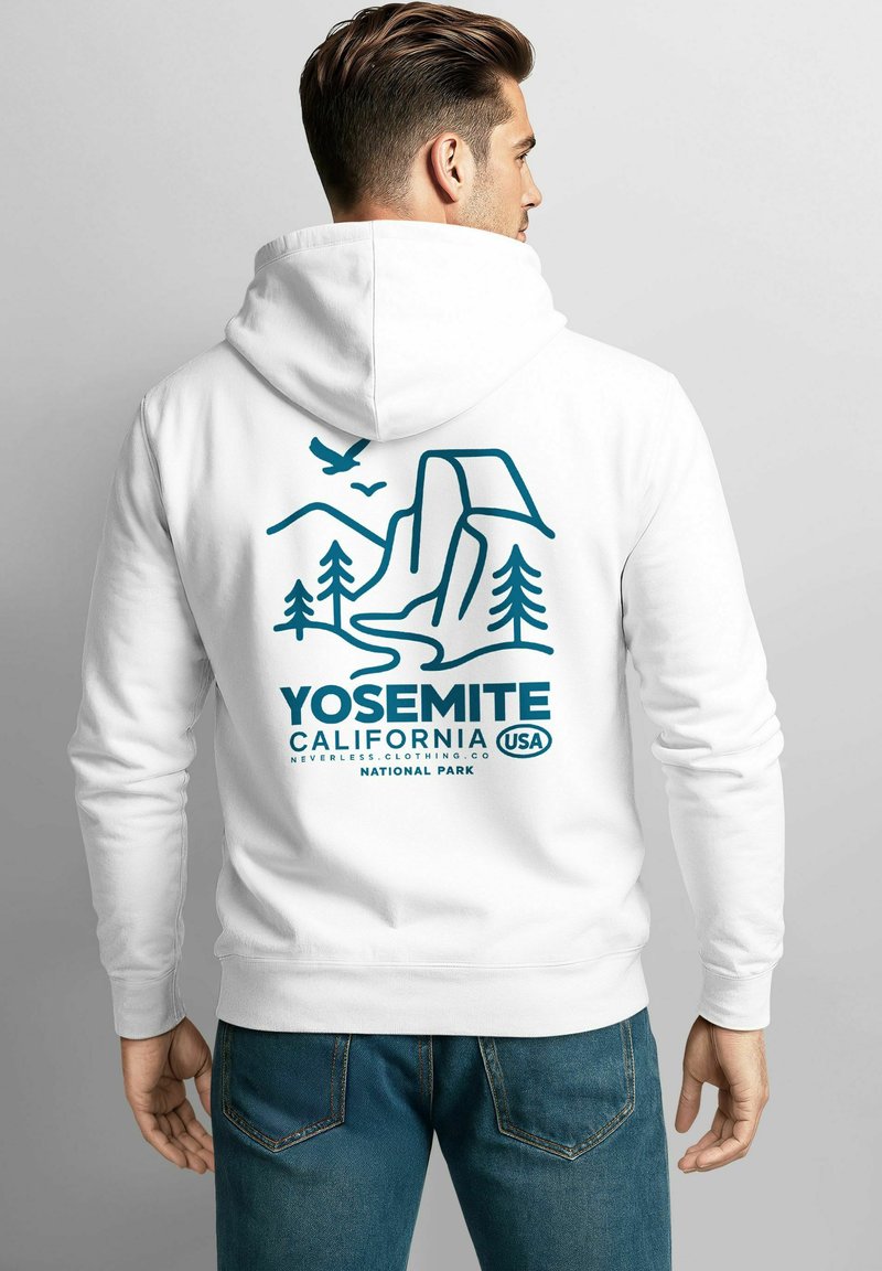 White hooded sweatshirt featuring a Yosemite California graphic in teal with mountains, trees, and a river. Crafted from soft fabric.