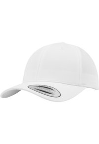 Căciulă de baseball albă cu vârful curbat, fabricată din țesătură. Are o suprafață simplă cu un eticheta pe interior. Design clasic.