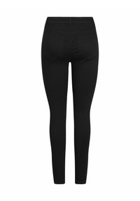 Sorte stretch denim skinny jeans med mid-rise liv, to baklommer og en tettsittende design, passende for casual bruk.