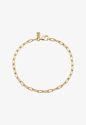 Armband in Goldfarbe mit länglichen Gliedern, einem Karabinerverschluss, glatter Oberfläche und rechteckigem Charm-Detail.