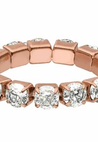 Roze gouden armband met afwisselend ovale heldere edelstenen, gezet in hoekige metalen krammen, wat een geometrisch patroon en reflecterende oppervlakken creëert.