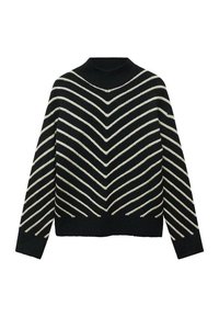 Pull noir avec des rayures en chevrons crème, présentant un col haut et des manches longues. Texture tricotée avec un ourlet et des poignets côtelés.
