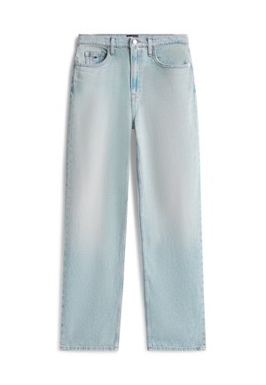 Lyseblå denimjeans med lige ben, klassisk fem-lomme-design og knaplukning i taljen.