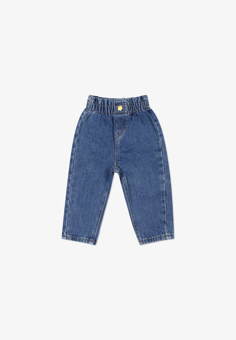 Pantalon en denim avec une taille élastique, de couleur bleu, au design droit et avec des détails sur les poches arrière. Les coutures sont visibles le long des bords.