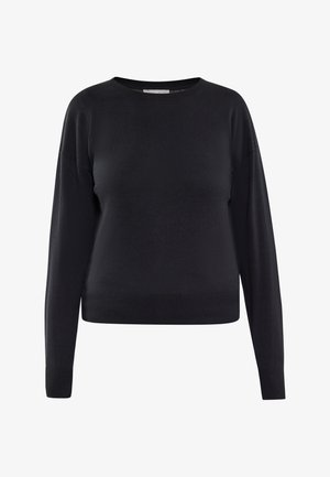 Maglione nero realizzato in morbido tessuto a maglia, con scollo rotondo, maniche lunghe a sbuffo e orlo e polsini a coste.