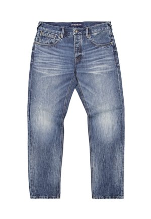 Blaue Denim-Jeans mit geradem Schnitt, hellen Verwaschungen, Whiskering-Details an den Oberschenkeln und einem klassischen Fünf-Taschen-Design.