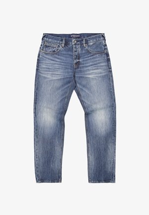 Blauwe spijkerbroek van denim met een rechte pasvorm, voorzien van lichte vervaging, whiskering details op de dijen en een standaard ontwerp met vijf zakken.