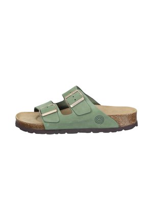 Green suede sandal featuring two adjustable straps with silver hardware, cork footbed, and textured brown rubber sole.