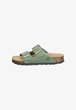Green suede sandal featuring two adjustable straps with silver hardware, cork footbed, and textured brown rubber sole.