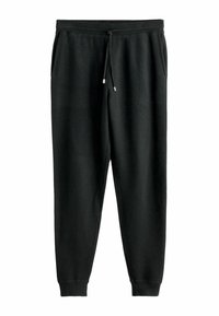 Schwarze Sweathosen mit einem Zugband am Bund, Seitentaschen, schmal zulaufenden Beinen und gerippten Bündchen. Hergestellt aus weichem Stoff mit glatter Textur.