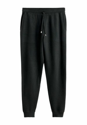 Schwarze Sweathosen mit einem Zugband am Bund, Seitentaschen, schmal zulaufenden Beinen und gerippten Bündchen. Hergestellt aus weichem Stoff mit glatter Textur.