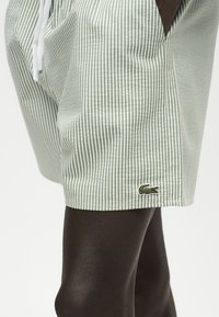 Shorts à rayures verticales vertes et blanches avec un cordon blanc et un petit logo crocodile sur la jambe avant gauche.