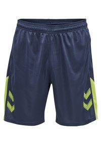 Marina sportshorts gjorda av ventilerande tyg; elastisk midja; har gröna chevrondetaljer på sidorna. Slät textur, knälång design.