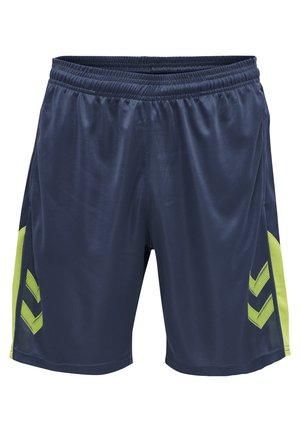Marineblauwe sportshorts gemaakt van ademend materiaal; elastische tailleband; beschikt over groene chevronaccenten aan de zijkanten. Gladde textuur, knielange ontwerp.
