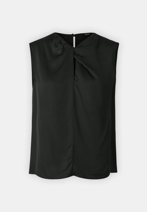 Schwarzes ärmelloses Top aus glattem Stoff mit einer verdrehten Vorderseite, rundem Ausschnitt und einem dezenten Reißverschluss auf der Rückseite. Gerader Saum.