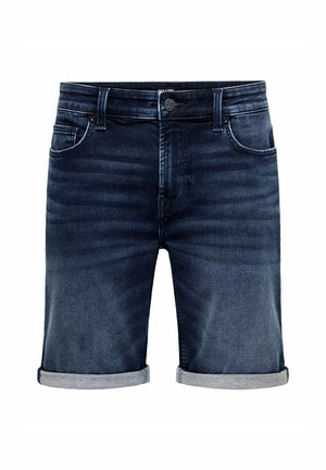 Mørkeblå denimshorts med opkrøllede manchetter, der har et traditionelt fem-lomme design og subtile falmønstre på stoffet.