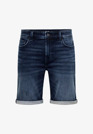 Mørkeblå denimshorts med opkrøllede manchetter, der har et traditionelt fem-lomme design og subtile falmønstre på stoffet.