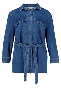 Dunkelblaue Jeanshemdjacke mit tailliertem Schnitt, zwei aufgesetzten Brusttaschen mit Klappen, Knopfleiste und langen Ärmeln mitknopfbaren Manschetten.