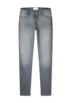 Grijze denim jeans met een slim fit, vijf-pocket ontwerp, lichte vervaging en een knoopsluiting bij de tailleband. Gladde textuur.