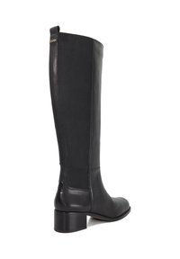Black leather knee-high boot with a block heel, featuring a smooth finish, elastic side panel, and a small logo accent on the back.