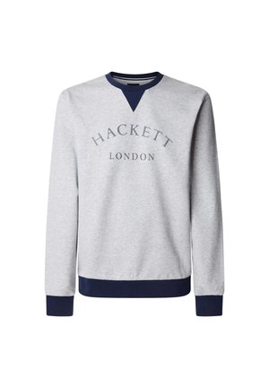 Felpa grigia in misto cotone, con girocollo e polsini blu navy. Il testo centrale recita "HACKETT LONDON" in grigio scuro. Vestibilità classica.
