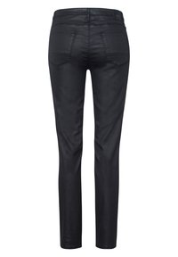 Jeans skinny de denim negro con una textura suave, diseño de cinco bolsillos y hardware mínimo. Corte de pierna recta con un sutil detalle de costura.