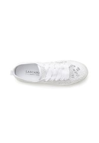 White sneaker with lace-like texture, flat white laces, rubber sole, and subtle branding on the insole. Lightweight design.
