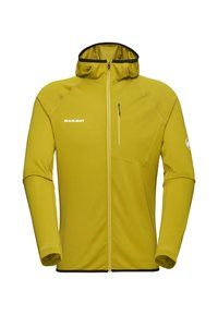 Gul prestationsjacka med huva, ficka på bröstet med dragkedja, åtsittande ärmslut och slitstarkt tyg. Har svart trim längs fållen och kragen.