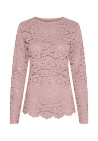 Langærmet top i blonder i blid pink med blomsterprint, rund halsudskæring, bølgede kanter og let tekstur.