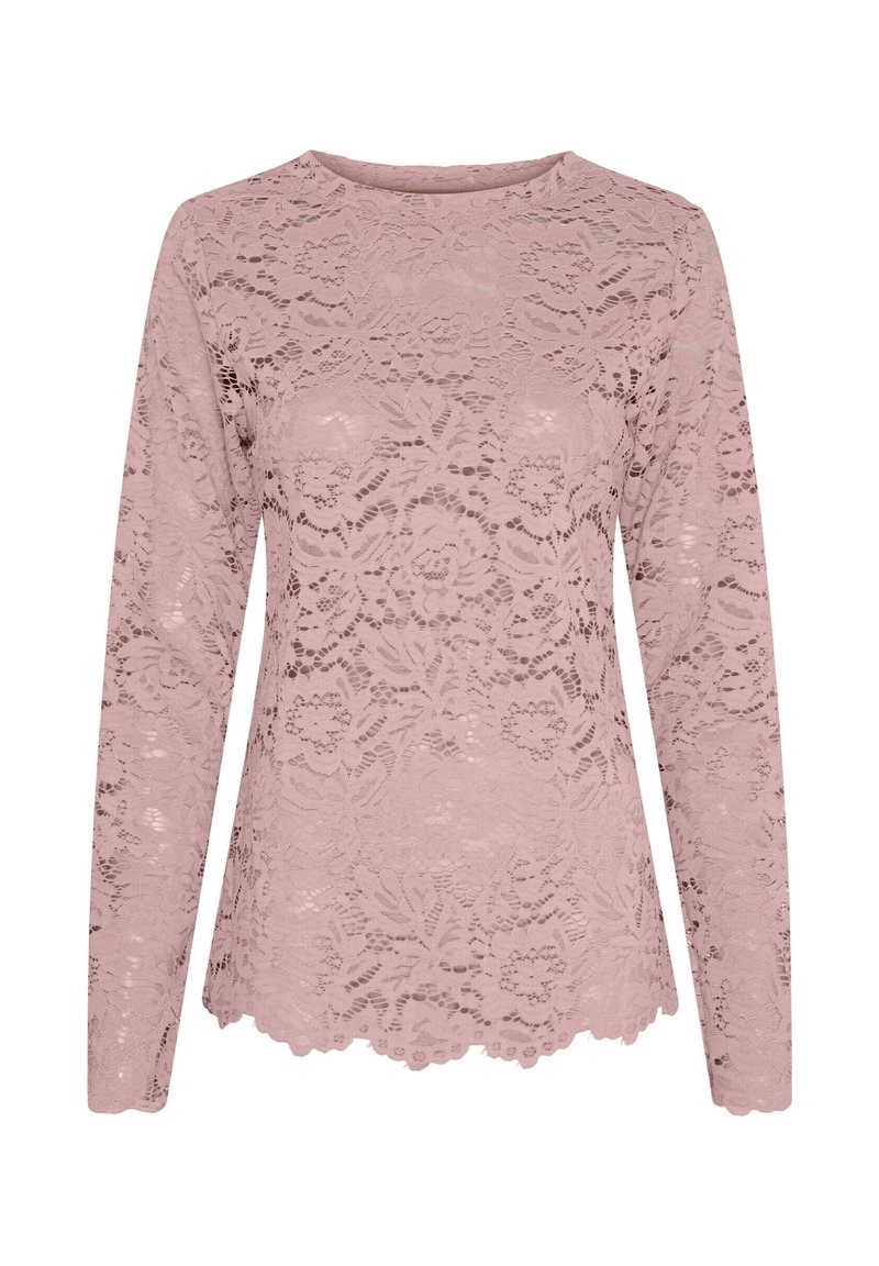 Langærmet top i blonder i blid pink med blomsterprint, rund halsudskæring, bølgede kanter og let tekstur.