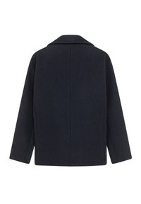 Cappotto di lana blu navy con taglio dritto, colletto a rever e maniche lunghe. Presenta cuciture minime e una superficie liscia sulla schiena.