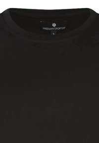 T-shirt noir à manches courtes en tissu lisse, avec un col rond et une étiquette indiquant "FREEMANTPORTER" taille S.
