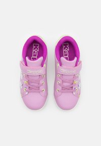 Pink children's shoes with a synthetic upper, featuring elastic laces, a Velcro strap, and colorful cloud pattern accents.